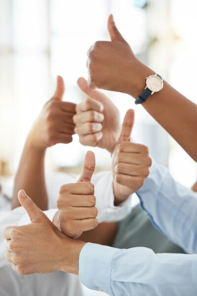 Team thumbs up for corporate success, support with hand sign for business collaboration or thank yo